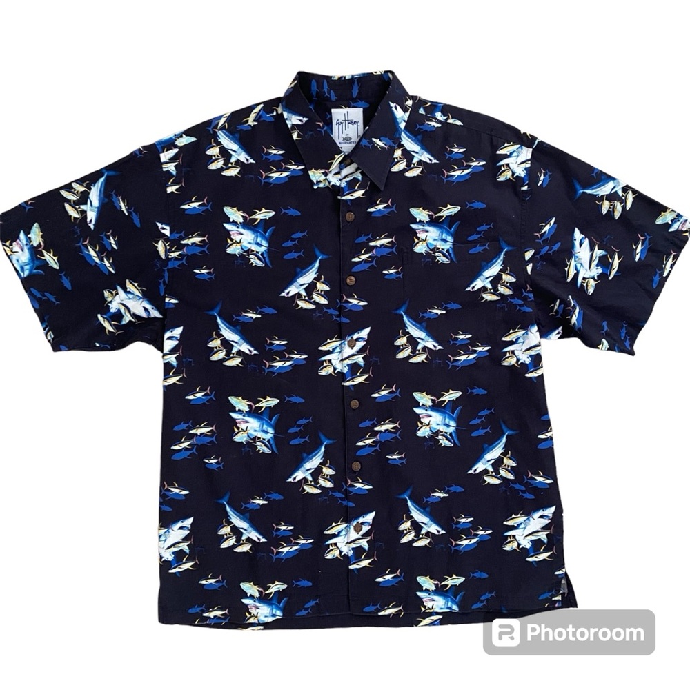 Guy Harvey AFTCO Mens XL Collared Black Button Down Shark Fish Boat Lake Shirt